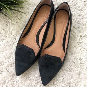 Tory Burch Classic Point-Toe Suede Flat, Dark Blue